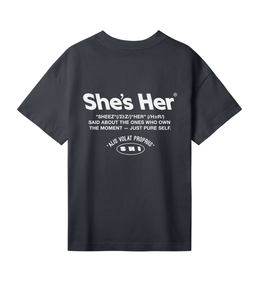 Black t-shirt with white text on a white background