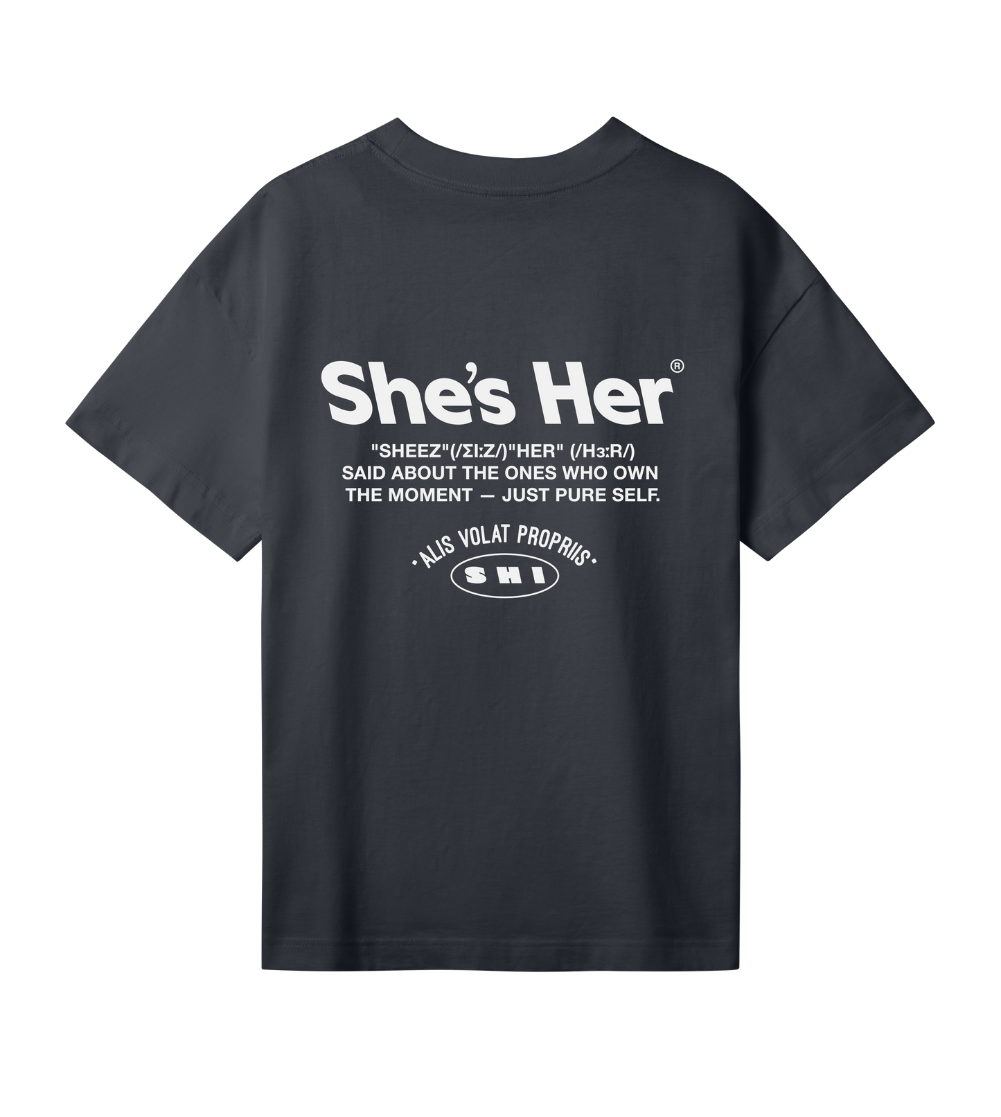 Black t-shirt with white text on a white background