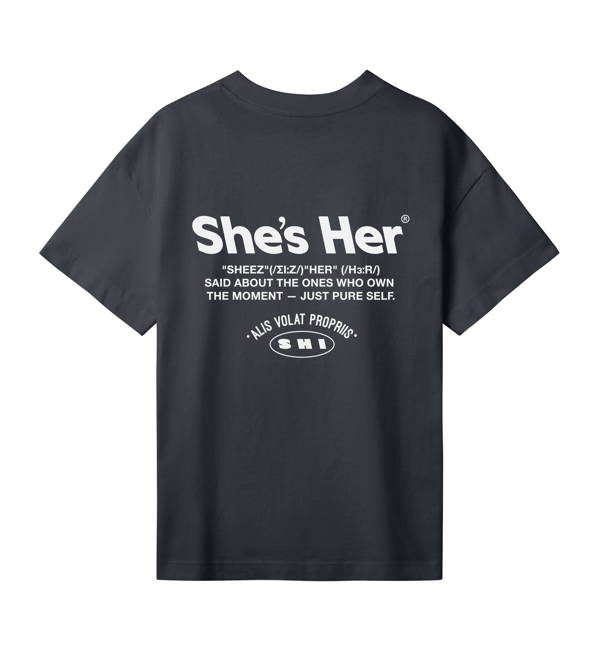 Black t-shirt with white text on a white background