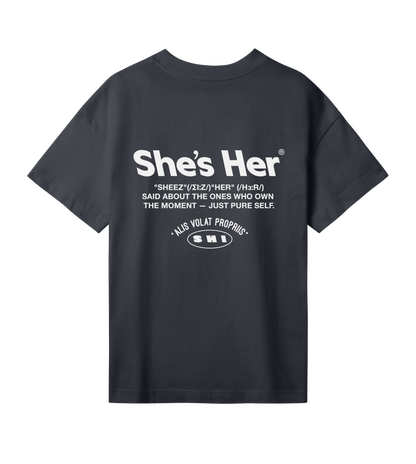 Black t-shirt with white text on a white background