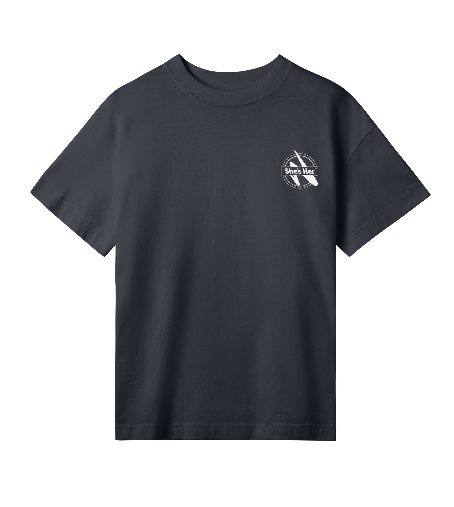 Black t-shirt with a logo on the chest against a white background