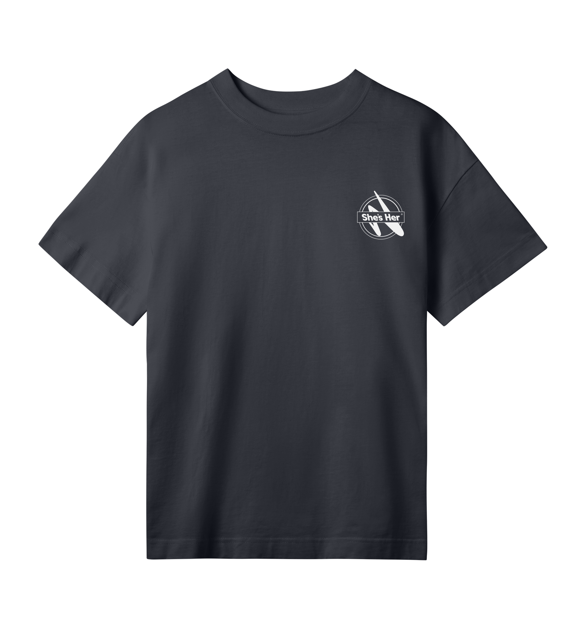 Black t-shirt with a logo on the chest against a white background