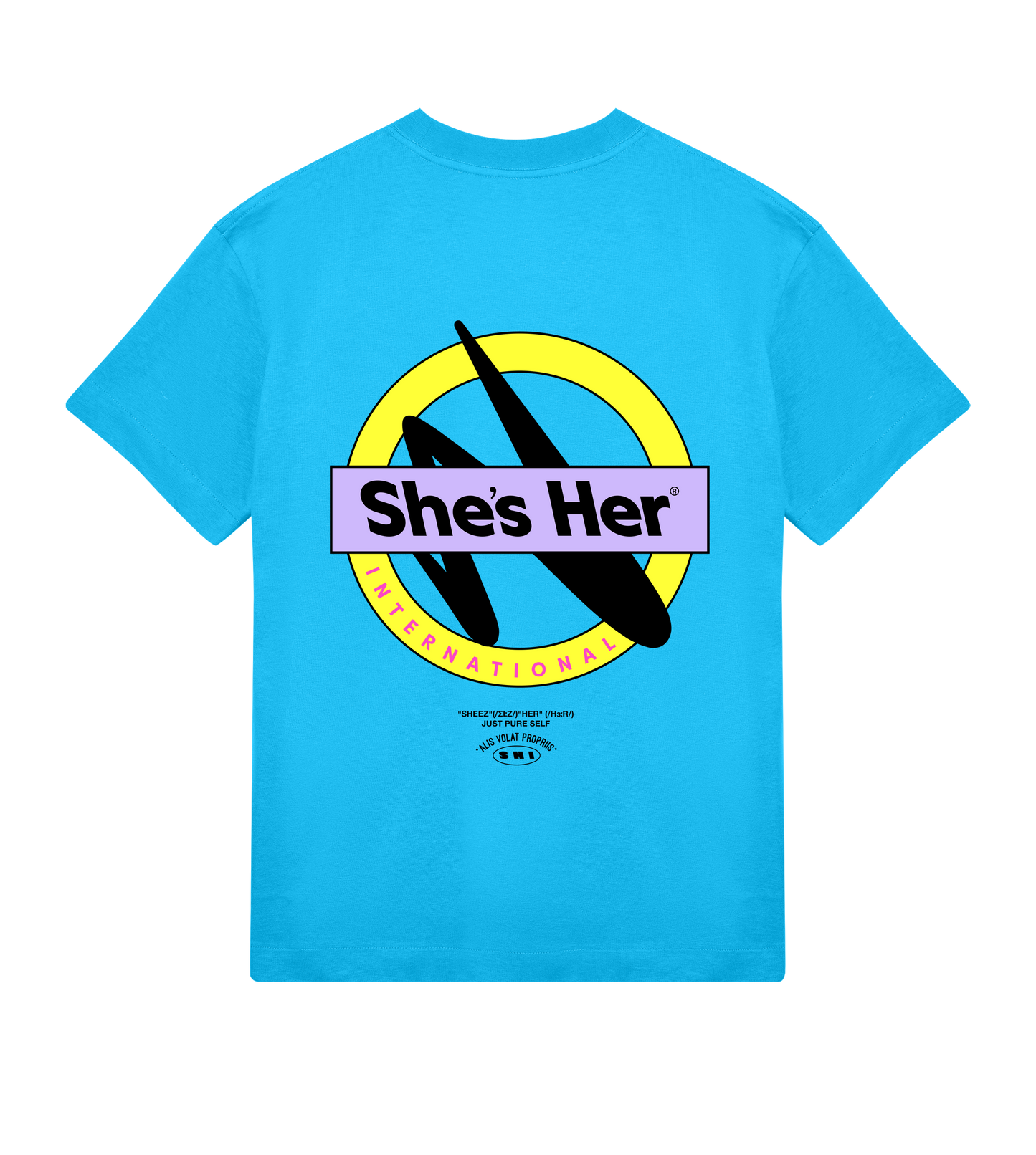 Blue t-shirt with 'Shes Her' graphic design on a white background
