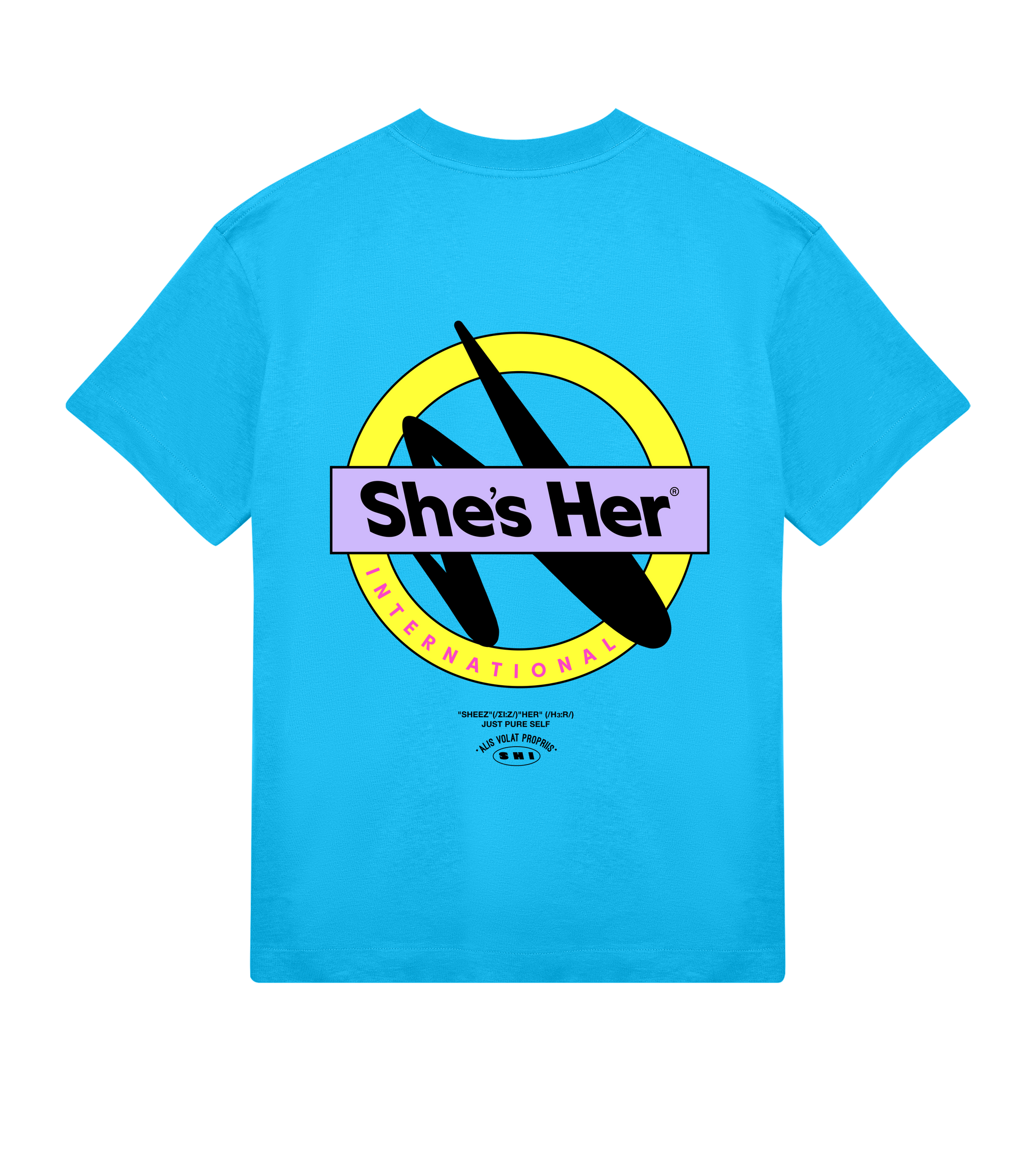 Blue t-shirt with 'Shes Her' graphic design on a white background