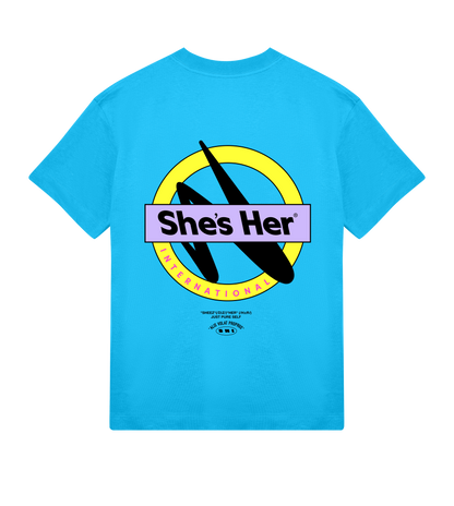 Blue t-shirt with 'Shes Her' graphic design on a white background
