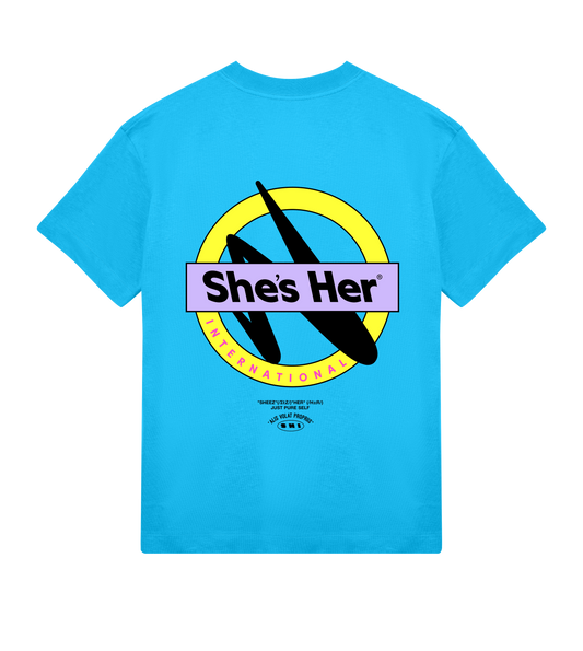 Blue t-shirt with 'Shes Her' graphic design on a white background